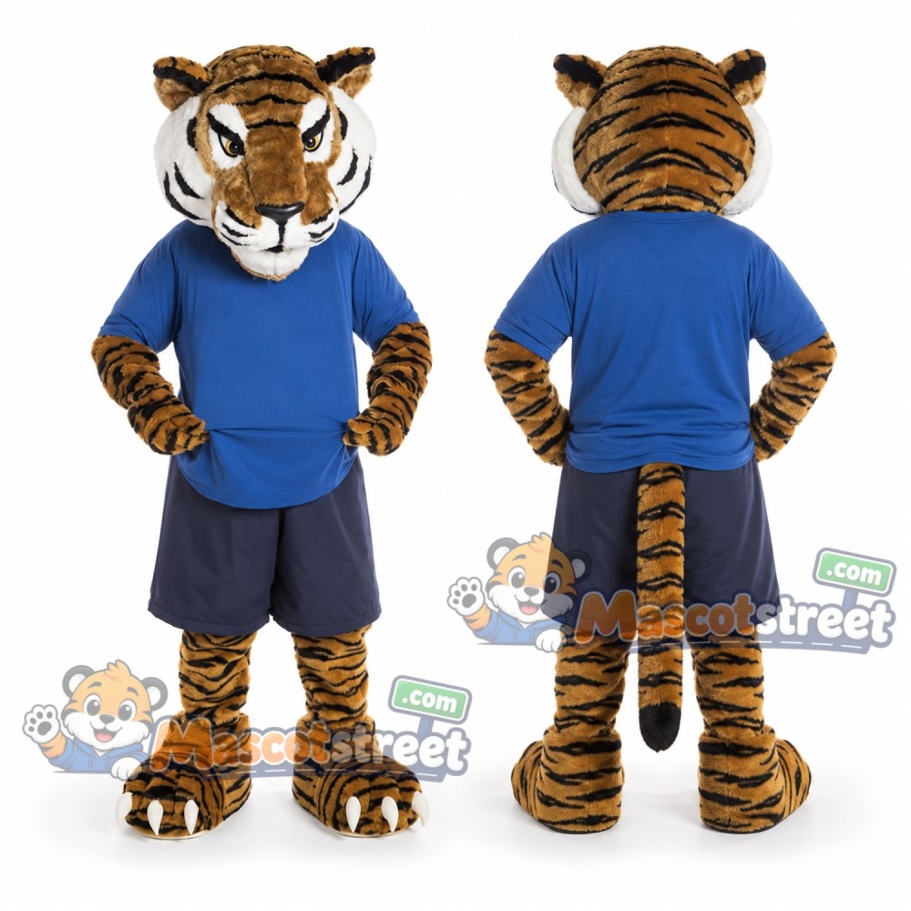 Orange Tiger Mascot Costume with Blue Shirt and Navy Shorts Orange Tiger Mascot Costume with Blue Shirt and Navy Shorts