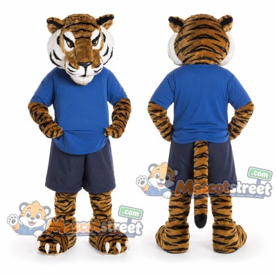 Orange Tiger Mascot Costume with Blue Shirt and Navy Shorts Orange Tiger Mascot Costume with Blue Shirt and Navy Shorts