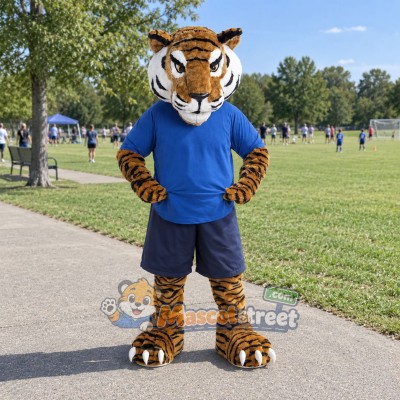 Orange Tiger Mascot Costume with Blue Shirt and Navy Shorts Orange Tiger Mascot Costume with Blue Shirt and Navy Shorts