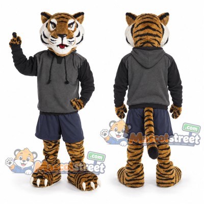 Orange Tiger Mascot Costume with Gray Hoodie and Black Shorts