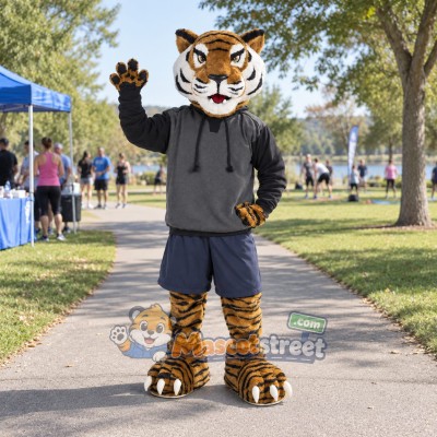 Orange Tiger Mascot Costume with Gray Hoodie and Black Shorts Orange Tiger Mascot Costume with Gray Hoodie and Black Shorts