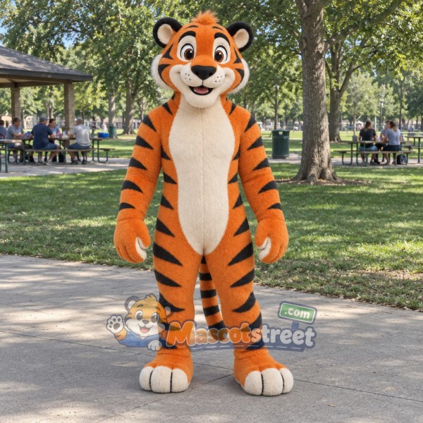 Orange Tiger Mascot Costume with Long Cream Belly