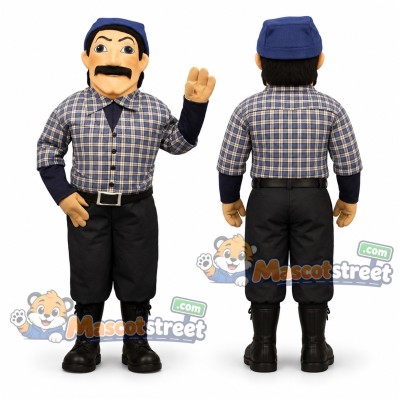 Lumberjack Mascot Costume with Plaid Shirt and Blue Cap