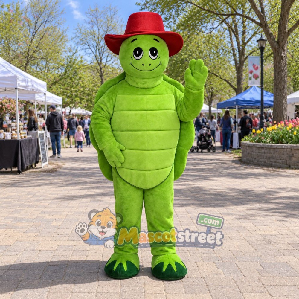 Green Turtle Mascot Costume with Red Hat Green Turtle Mascot Costume with Red Hat