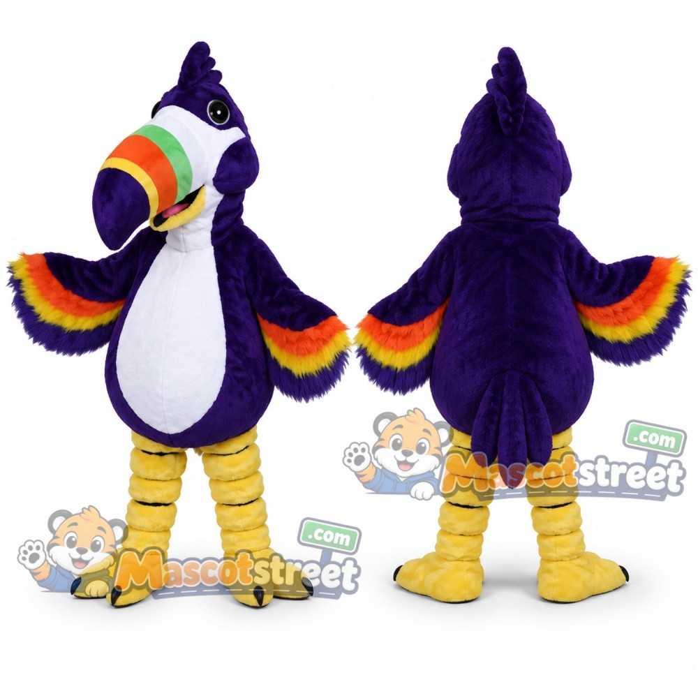 Purple Toucan Mascot Costume with Rainbow Wings Purple Toucan Mascot Costume with Rainbow Wings