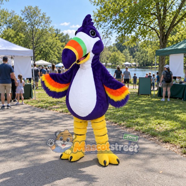 Purple Toucan Mascot Costume with Rainbow Wings