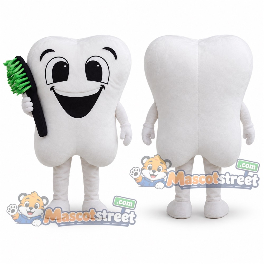 White Tooth Mascot Costume with Green Toothbrush White Tooth Mascot Costume with Green Toothbrush