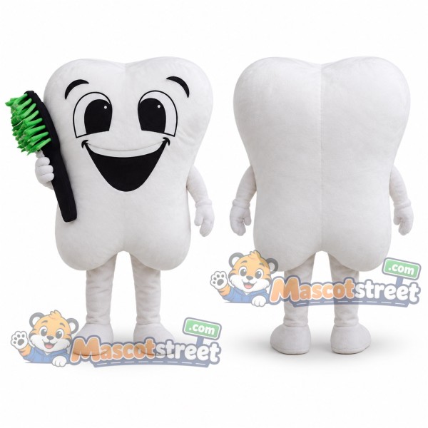 White Tooth Mascot Costume with Green Toothbrush