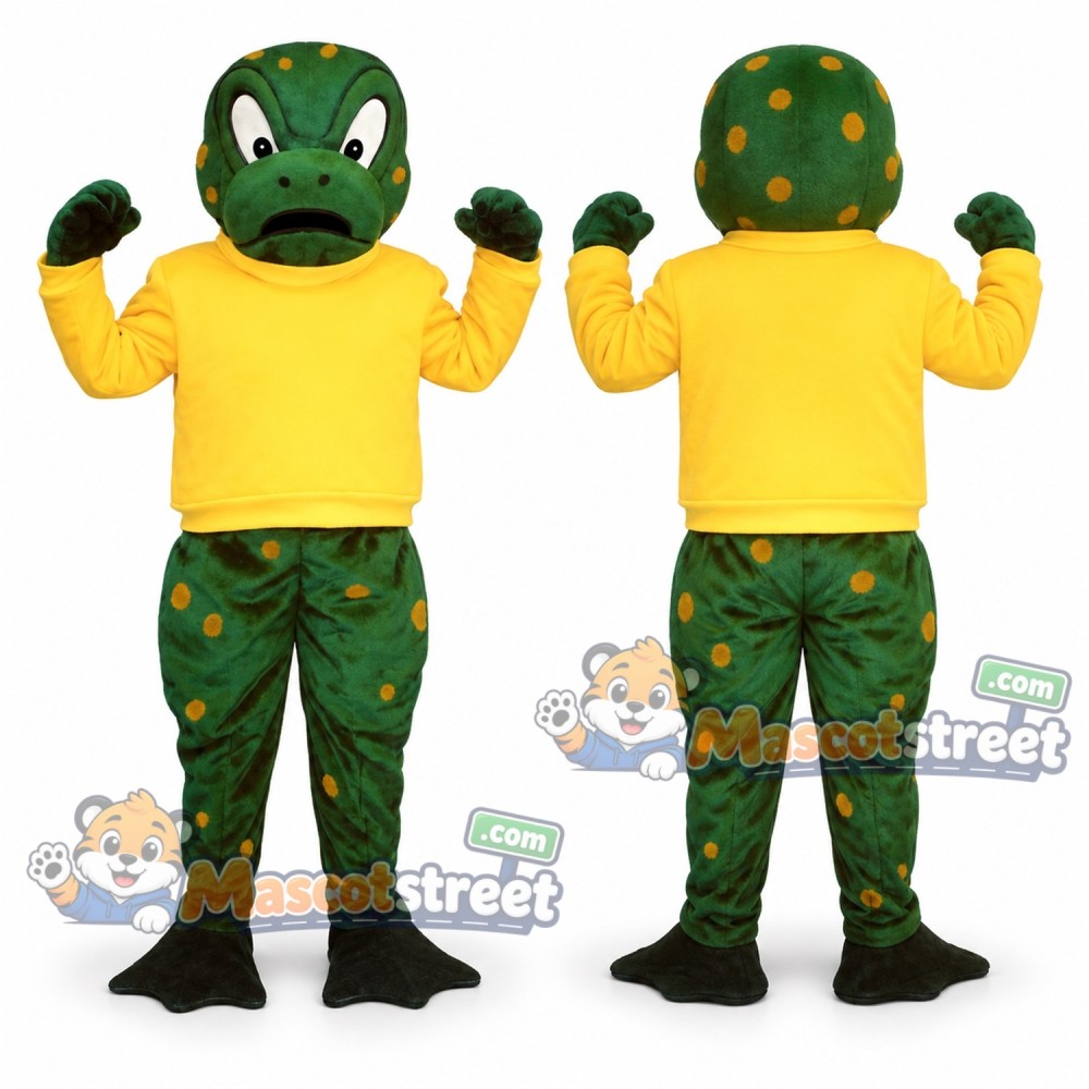 Green Snake Mascot Costume with Yellow Shirt