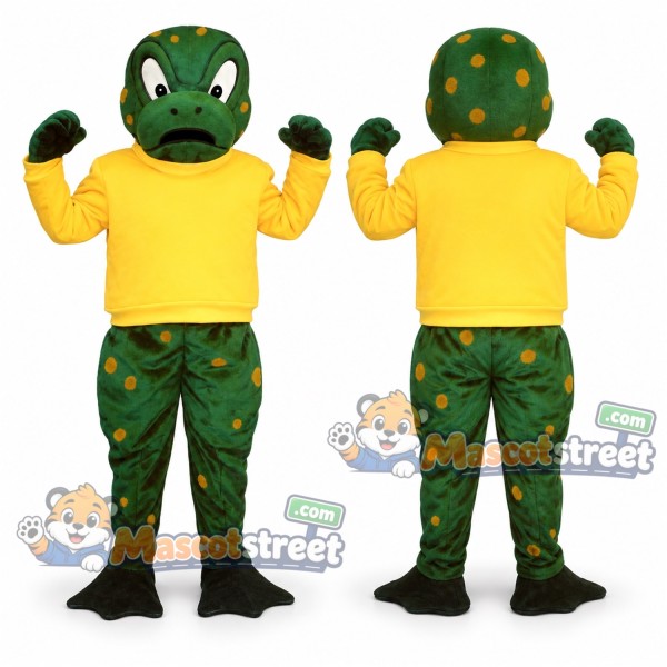 Green Snake Mascot Costume with Yellow Shirt