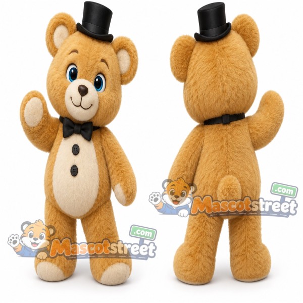Tan Bear Mascot Costume with Black Top Hat and Bow Tie