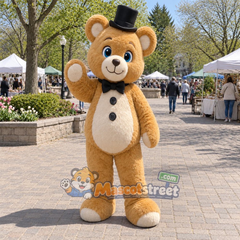 Tan Bear Mascot Costume with Black Top Hat and Bow Tie Tan Bear Mascot Costume with Black Top Hat and Bow Tie