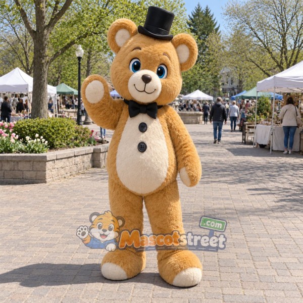 Tan Bear Mascot Costume with Black Top Hat and Bow Tie
