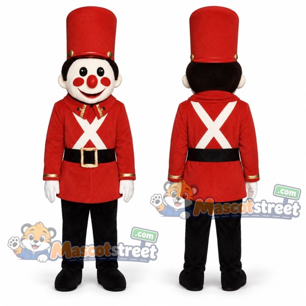 Toy Soldier Mascot Costume with Red Uniform and Tall Hat