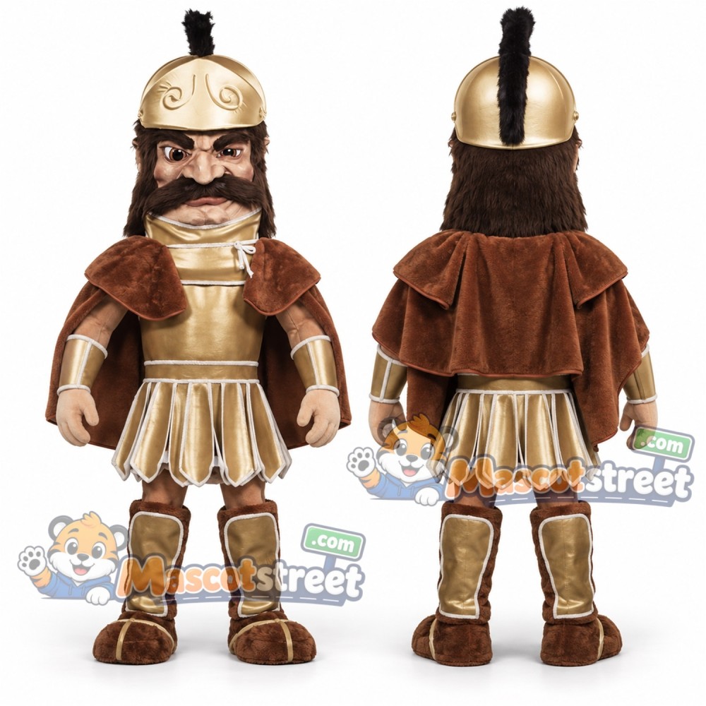 Trojan Warrior Mascot Costume with Gold Armor and Brown Cape Trojan Warrior Mascot Costume with Gold Armor and Brown Cape