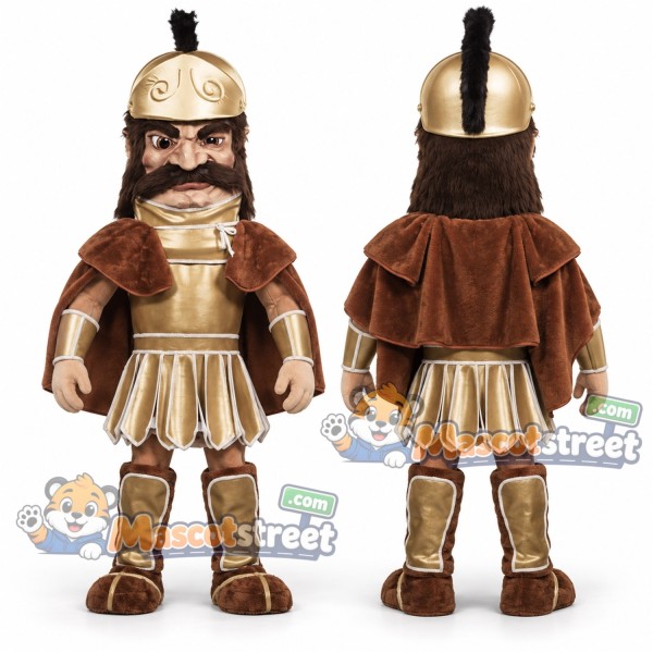 Trojan Warrior Mascot Costume with Gold Armor and Brown Cape