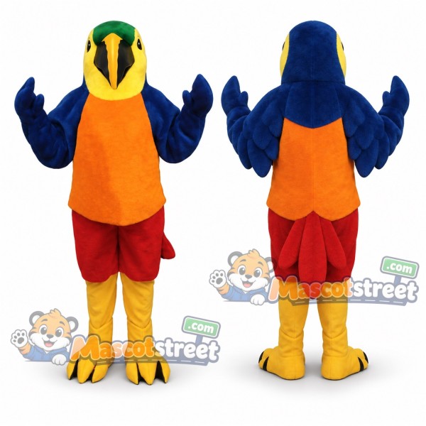 Blue and Orange Parrot Mascot Costume with Red Shorts