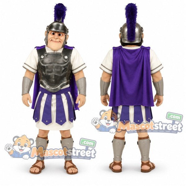 Trojan Warrior Mascot Costume with Silver Armor and Purple Cape