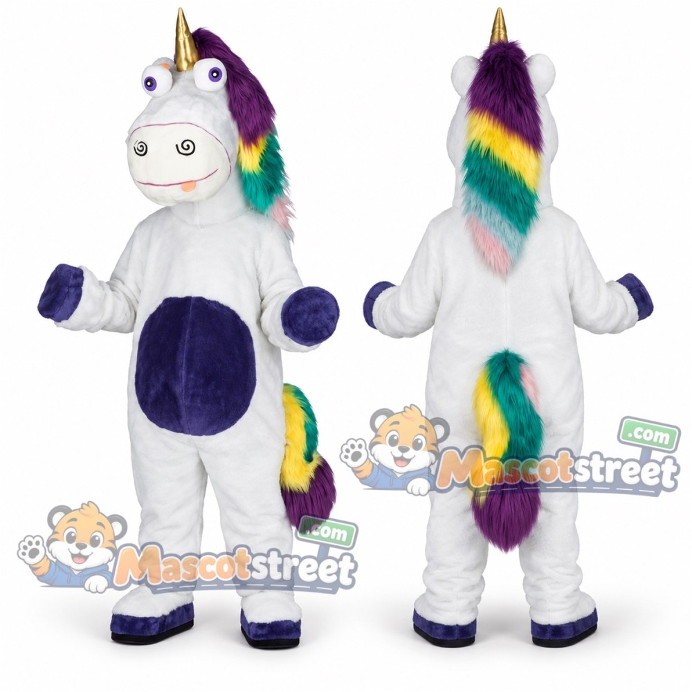 White Unicorn Mascot Costume with Rainbow Mane and Purple Hooves