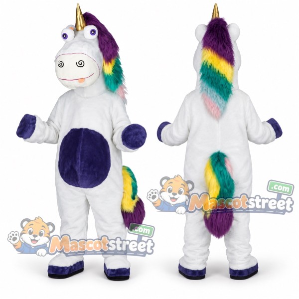 White Unicorn Mascot Costume with Rainbow Mane and Purple Hooves