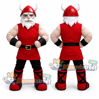 Viking Mascot Costume with Red Tunic and Horned Helmet