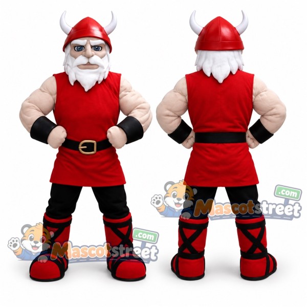 Viking Mascot Costume with Red Tunic and Horned Helmet