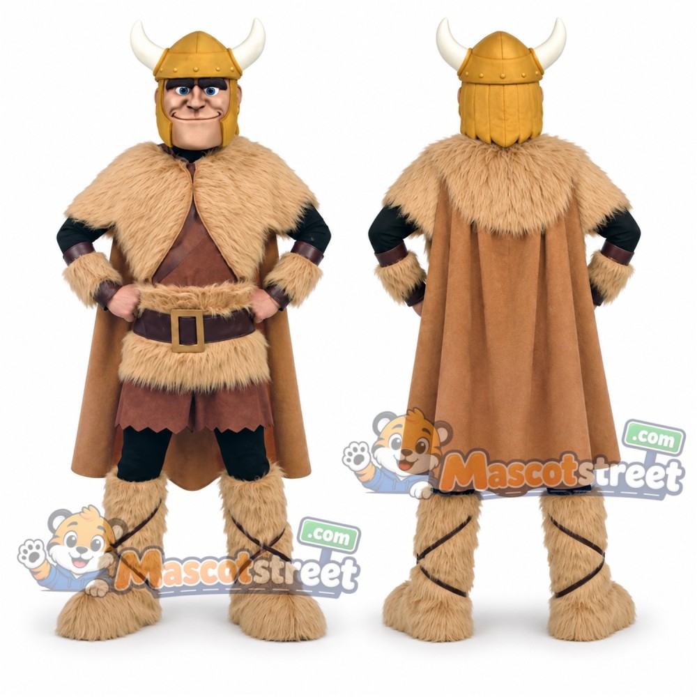 Viking Mascot Costume with Tan Cape and Gold Helmet
