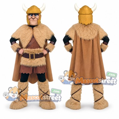 Viking Mascot Costume with Tan Cape and Gold Helmet
