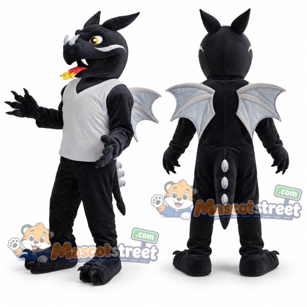 Black Dragon Mascot Costume with Silver Wings
