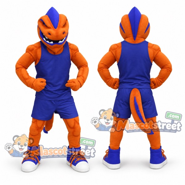 Orange Dragon Mascot Costume with Blue Sports Uniform