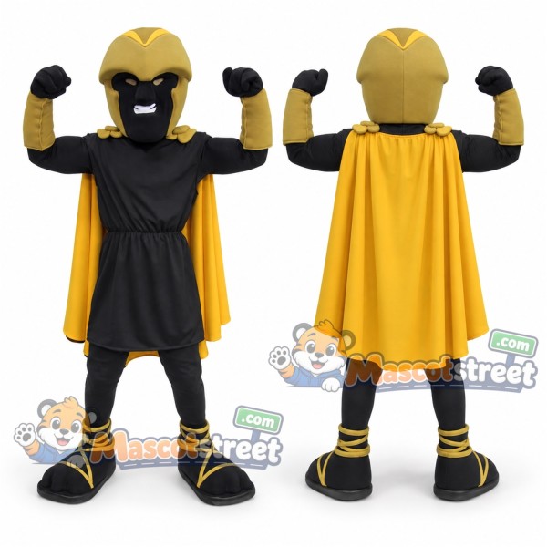 Masked Warrior Mascot Costume with Black Tunic and Yellow Cape