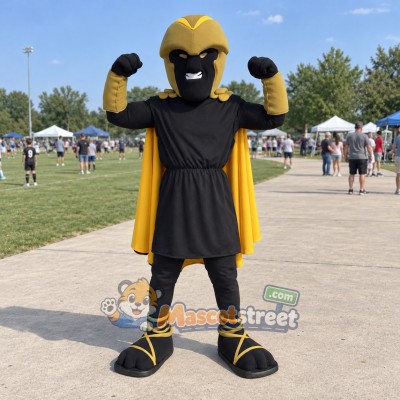 Masked Warrior Mascot Costume with Black Tunic and Yellow Cape Masked Warrior Mascot Costume with Black Tunic and Yellow Cape