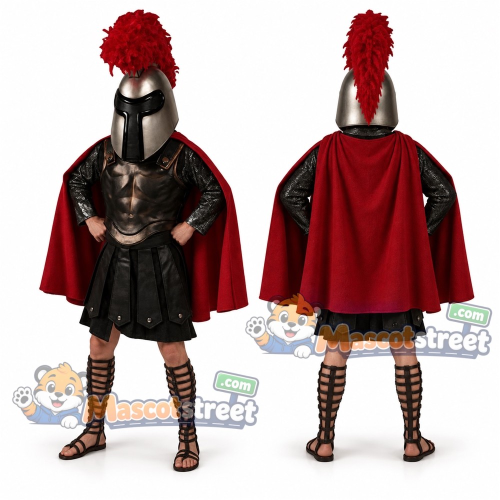 Spartan Warrior Mascot Costume with Black Armor and Red Cape Spartan Warrior Mascot Costume with Black Armor and Red Cape