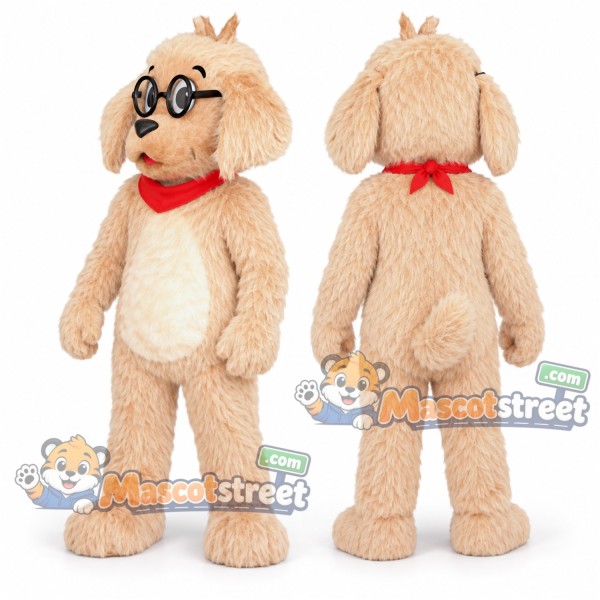Tan Dog Mascot Costume with Red Scarf and Round Glasses