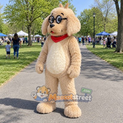 Tan Dog Mascot Costume with Red Scarf and Round Glasses