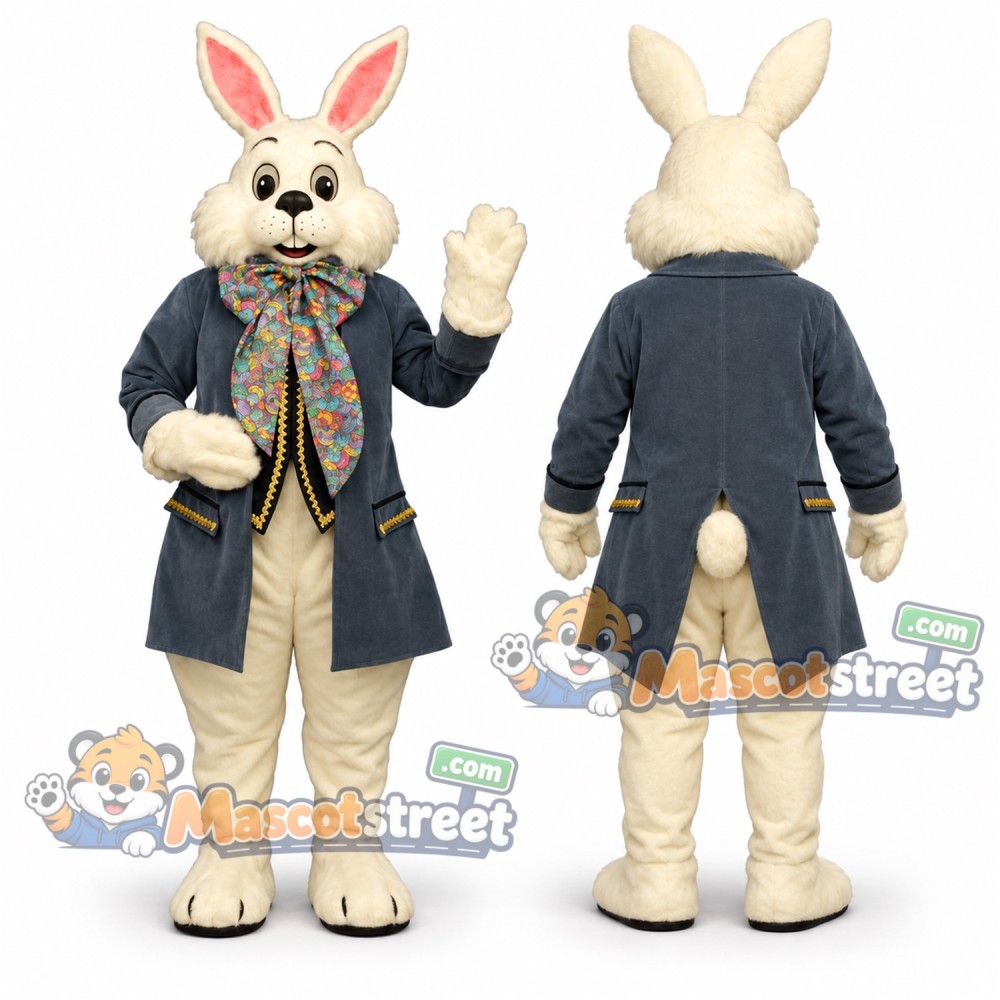 White Rabbit Mascot Costume with Blue Coat and Floral Bow Tie White Rabbit Mascot Costume with Blue Coat and Floral Bow Tie