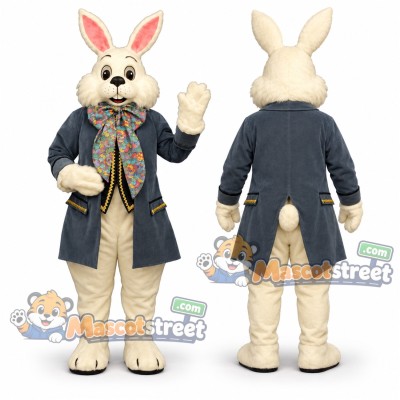 White Rabbit Mascot Costume with Blue Coat and Floral Bow Tie White Rabbit Mascot Costume with Blue Coat and Floral Bow Tie