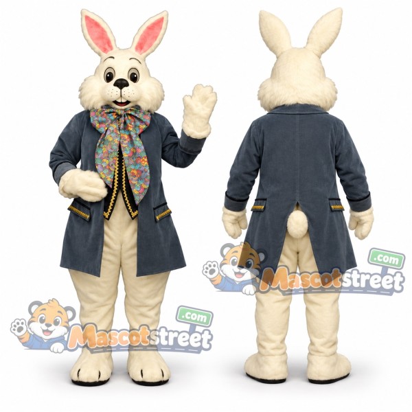 White Rabbit Mascot Costume with Blue Coat and Floral Bow Tie