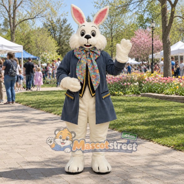 White Rabbit Mascot Costume with Blue Coat and Floral Bow Tie