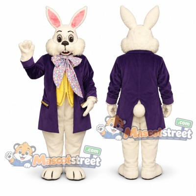 White Rabbit Mascot Costume with Purple Coat and Yellow Vest