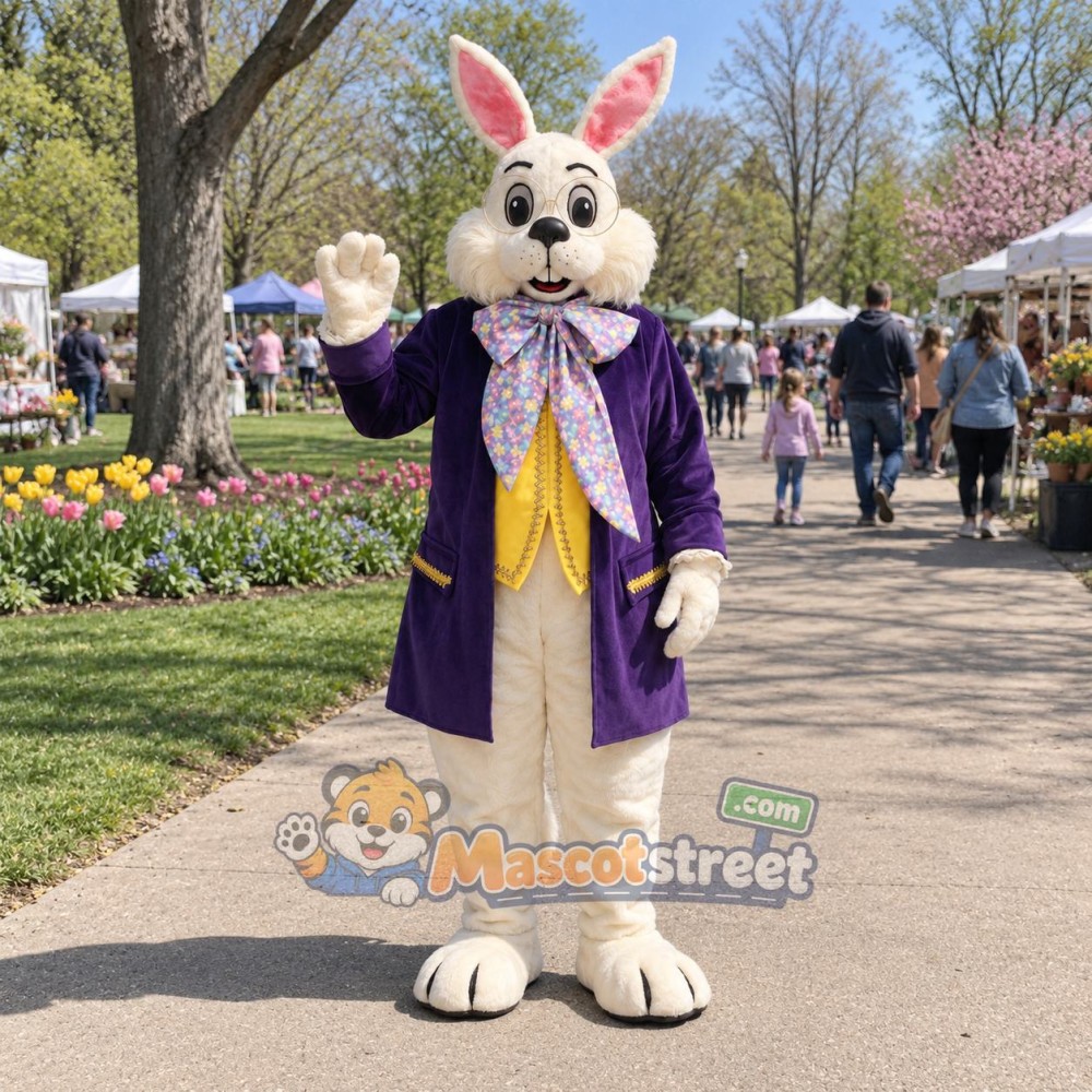 White Rabbit Mascot Costume with Purple Coat and Yellow Vest White Rabbit Mascot Costume with Purple Coat and Yellow Vest