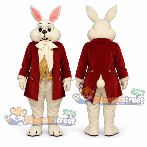 White Rabbit Mascot Costume with Burgundy Coat and Cream Bow Tie
