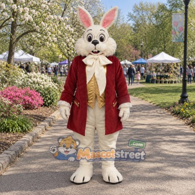 White Rabbit Mascot Costume with Burgundy Coat and Cream Bow Tie White Rabbit Mascot Costume with Burgundy Coat and Cream Bow Tie