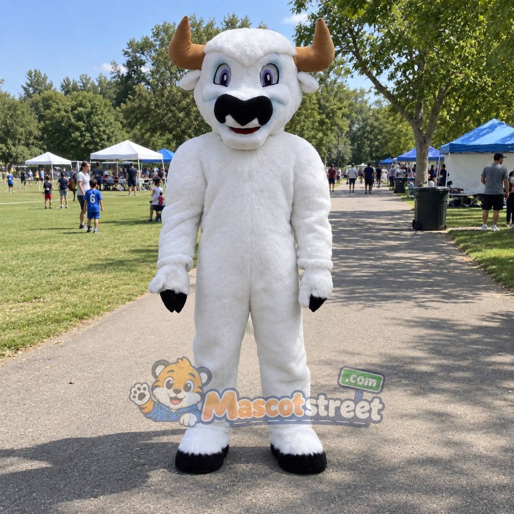 White Buffalo Mascot Costume with Brown Horns White Buffalo Mascot Costume with Brown Horns
