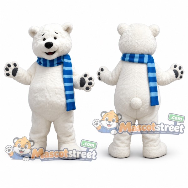 Polar Bear Mascot Costume with Blue Striped Scarf