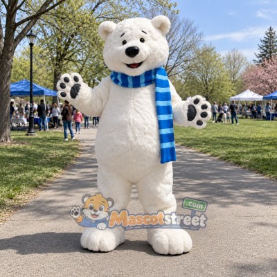 Polar Bear Mascot Costume with Blue Striped Scarf