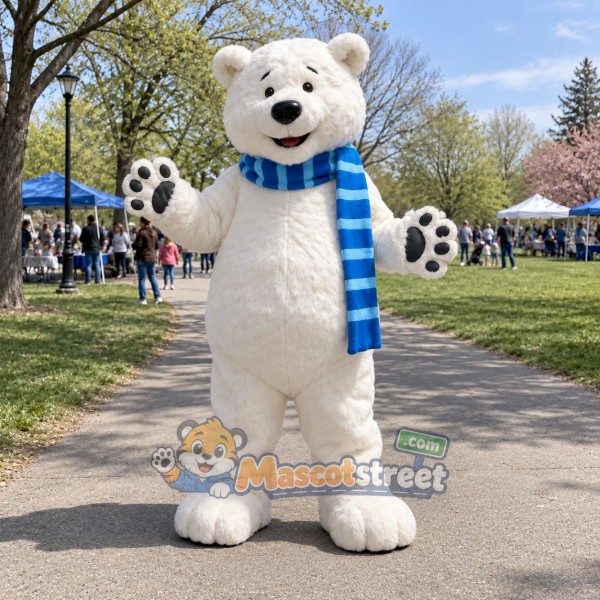 Polar Bear Mascot Costume with Blue Striped Scarf