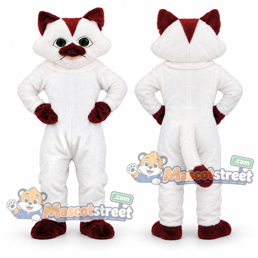 White Cat Mascot Costume with Burgundy Ears and Paws White Cat Mascot Costume with Burgundy Ears and Paws