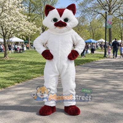 White Cat Mascot Costume with Burgundy Ears and Paws White Cat Mascot Costume with Burgundy Ears and Paws