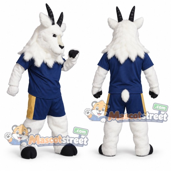 White Goat Mascot Costume with Blue Sports Uniform